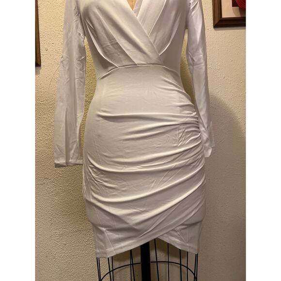 Sarin Mathews Deep V Neck Ruched Bodycon Long Sleeve Mini Dress White NWT Size S - Picture 5 of 9